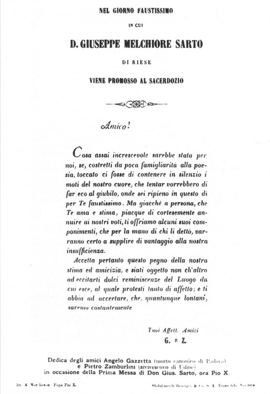 Dedica degli amici Angelo Gazzetta e Pietro Zamburlini in occasione della Prima Messa di Don Gius. Sarto, ora Pio X