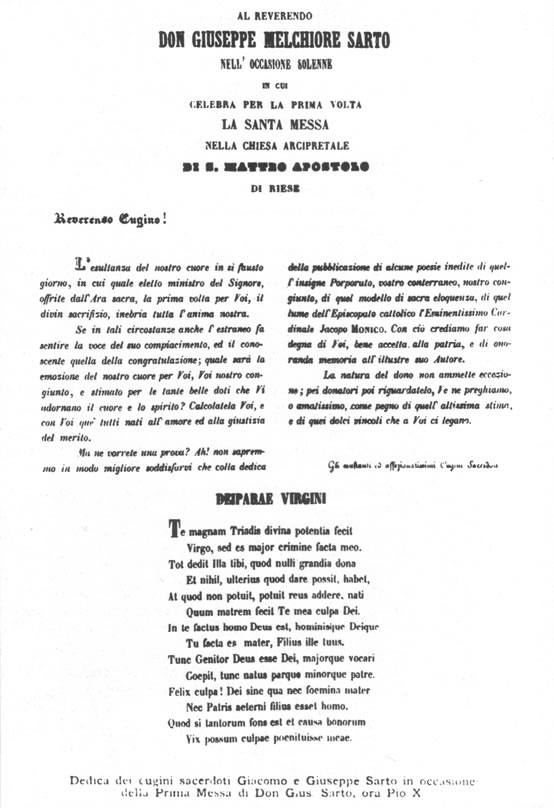 Dedica dei cugini sacerdoti Giacomo e Giuseppe Sarto in occasione della Prima Messa di Don Gius. Sarto, ora Pio X