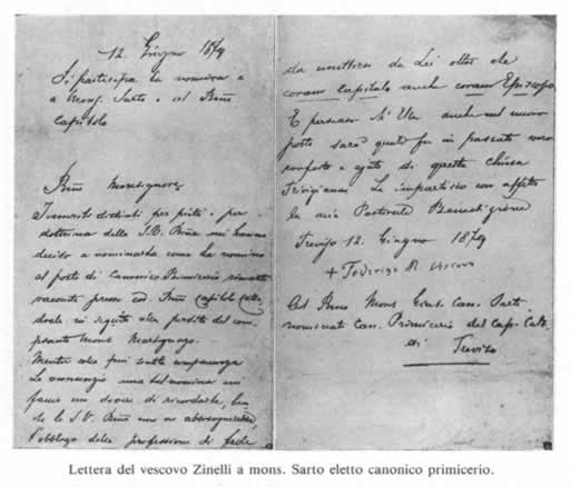 Lettera del vescovo Zinelli a mons. Sarto eletto canonico primicerio